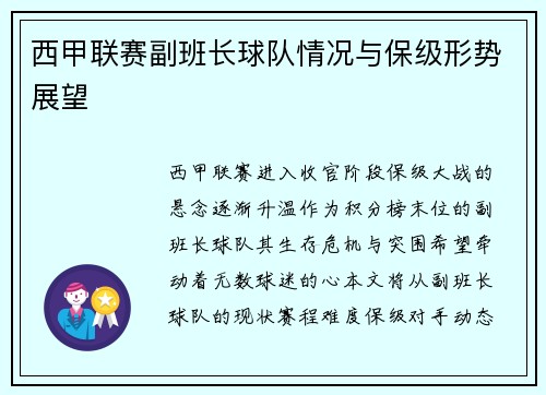 西甲联赛副班长球队情况与保级形势展望